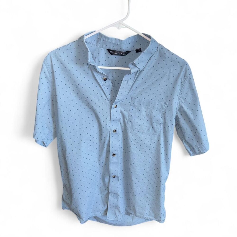 TravisMathew Men's M Short Sleeve Button Down Shirt Blue Polka Dot Golf